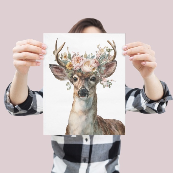 Watercolor Deer with Flower Wreath Illustration Wall Art Print Poster, Unframed - Picture 4 of 6